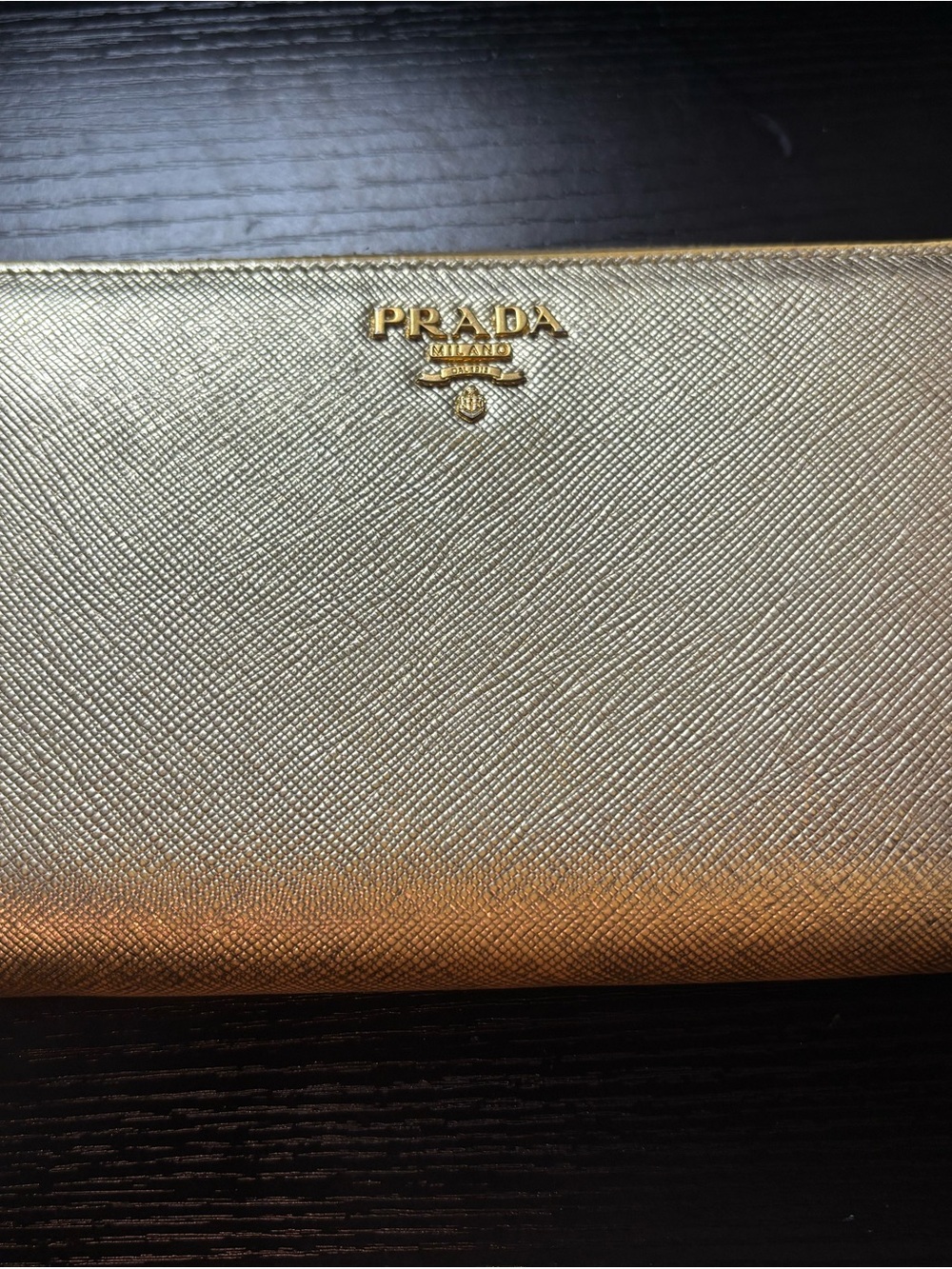 PRISTINE Prada Saffiano Leather Long Zip-Around Wallet – Metallic Gold (Platino) - Picture 4 of 11
